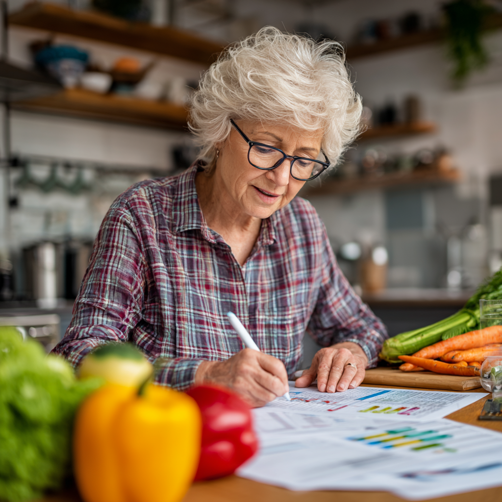 Senior adult reviewing personalized meal planning charts and healthy food options